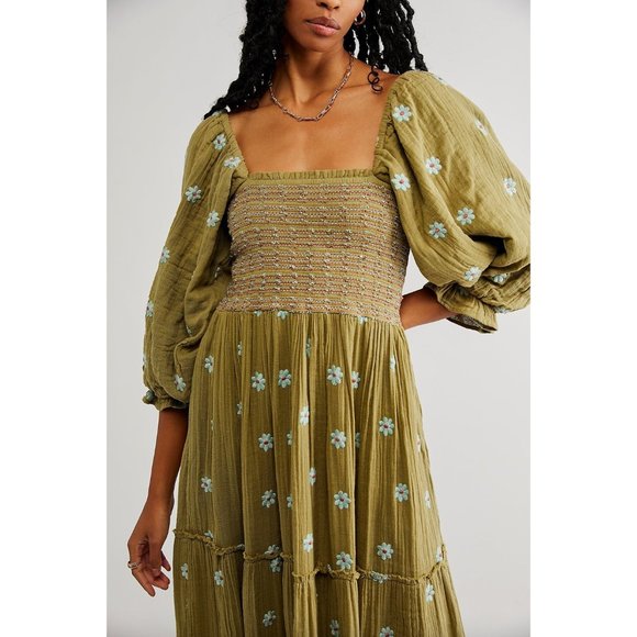 Free People Dahlia Embroidered Maxi Dress In Mosstone Combo Size XL - Picture 4 of 6